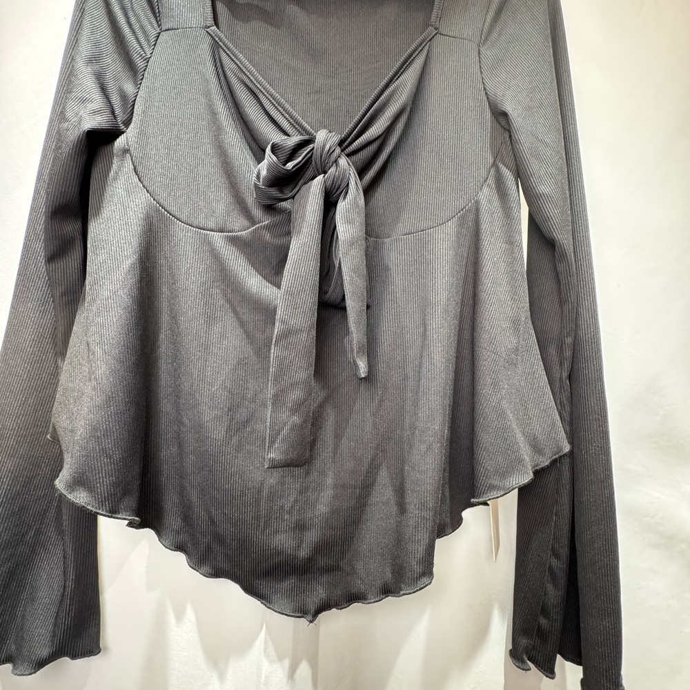 Black Long Sleeve Asymmetrical Tie Front Blouse